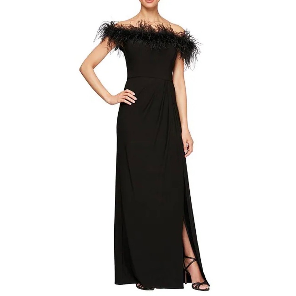 Alex Evenings Black Off the Shoulder Feather Trim Formal Gown Dress 6